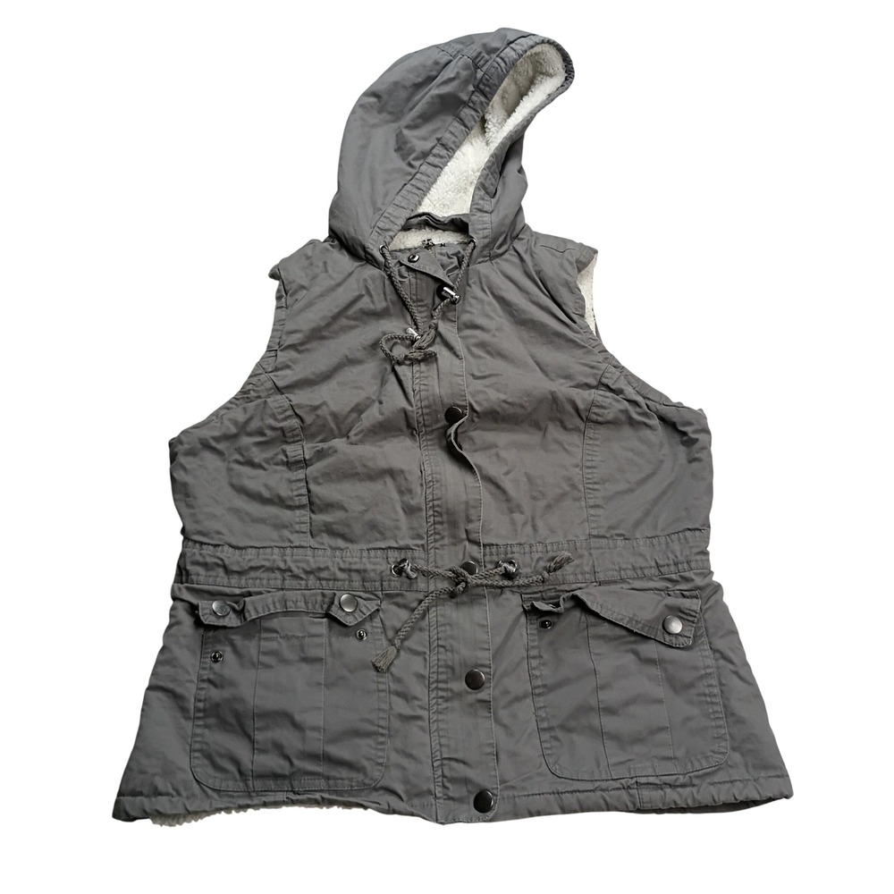 Falls Creek Utility Vest Women Large Gray Faux Fur Lined Hooded Cotton - Picture 2 of 5